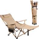 VILLEY Reclining Camping Lounge Chair Adjustable Foldable Chair for Adults with Removable Footrest, Headrest & Storage Bag Supports Up to 330 LBS Beige