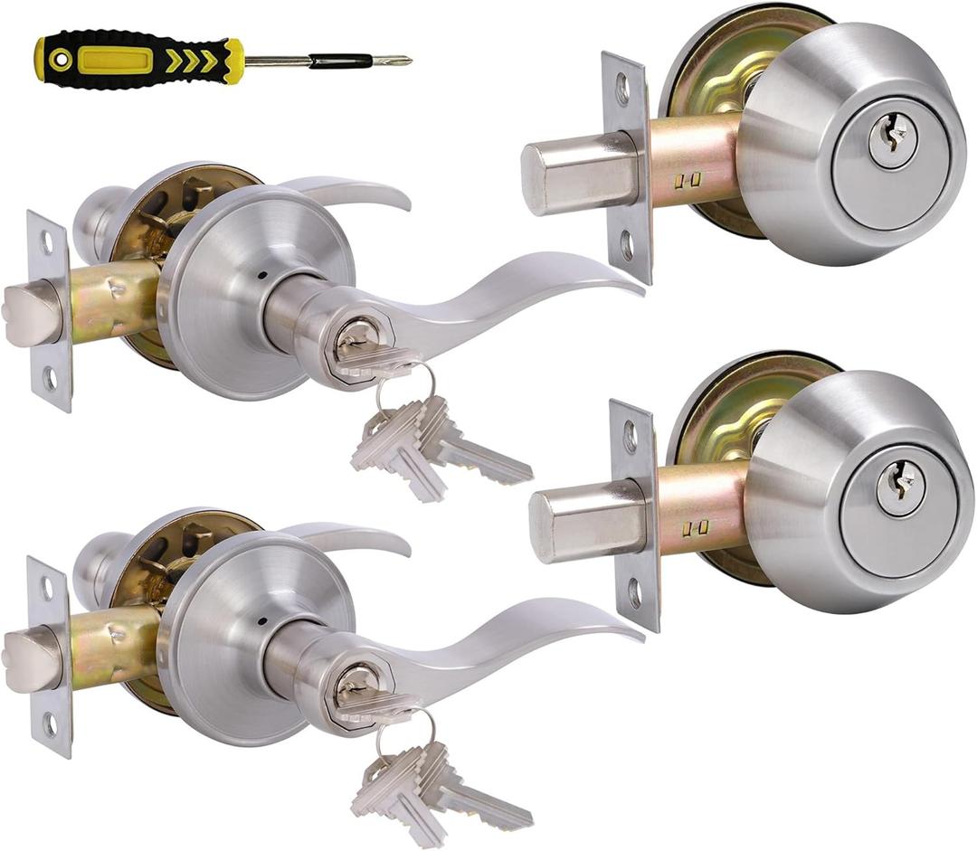 Lanwandeng Keyed Alike Front Door Lever Lockset with Single Cylinder Deadbolt Combination Set, Exterior Door Knob with Lock and Deadbolt, Satin Nickel Finished, 2Sets