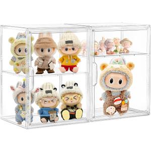 Acrylic Display Case for Collectibles, Clear Storage Bin with 3 Adjustable Layers and1 Removable Divider, Stackable Clear Storage Box with Magnetic Door for Figures, Home or Office, Large,2Pack
