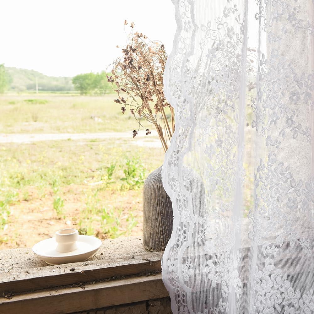 YJ YANJUN White Sheer Curtains 54 inch Length 2 Panels Set Retro Rustic Cottage Core Floral Lace Panels for Small Window Bathroom Kitchen Spa Office 52 x 54 Inch White