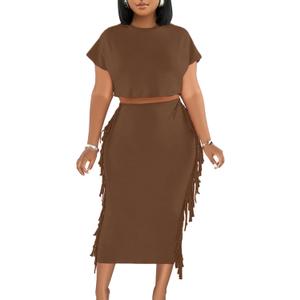LYANER Women's 2 Piece Outfits Crew Neck Fringe Short Sleeve Crop Top and Tassel Trim Bodycon Midi Skirt Set, Medium, Brown