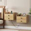 Floating Nightstand Set of 2 with 2 Storage Drawers and Charging Station Wood Wall Mounted Bedside End Table Modern Night Stands Set 2 for Bedroom,Small Space,Natural