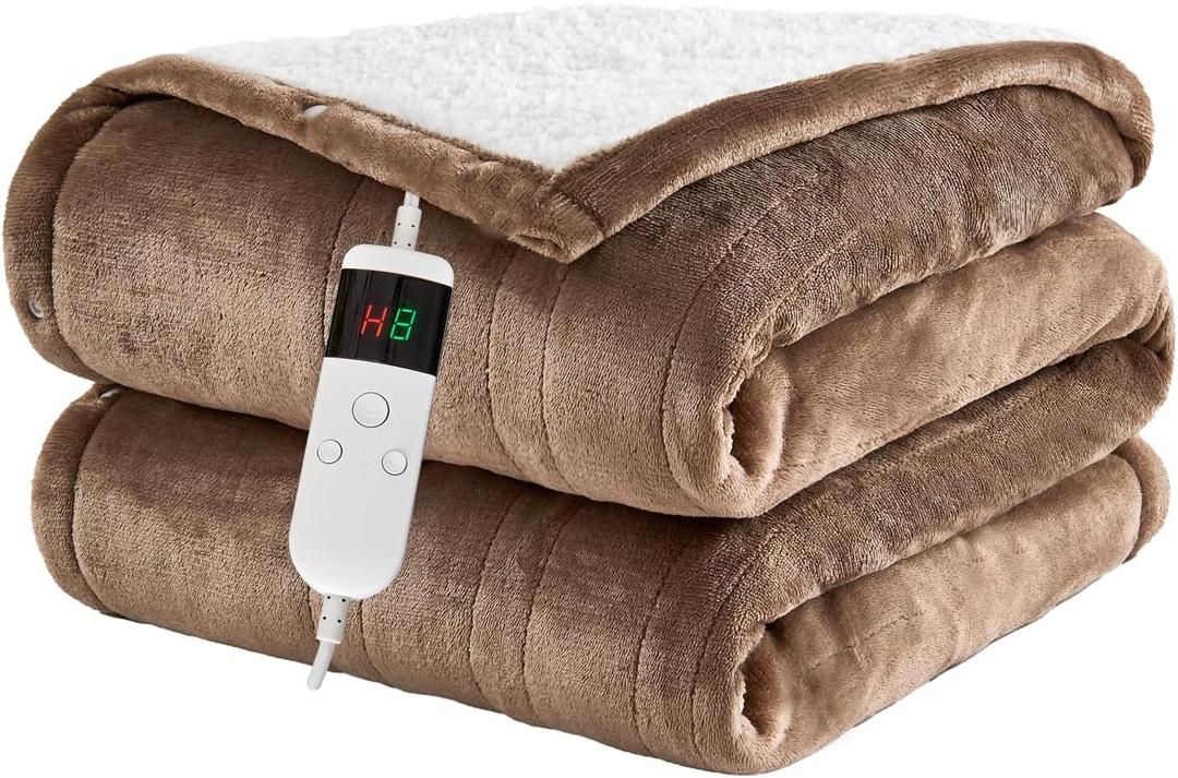 Electric Blanket Heated Throw, Soft Flannel 50"x60" Heating Blanket with 8 Hours Auto Off 10 Fast Heating Levels Machine Washable Sherpa Heated Blanket with Overheating Protection (Camel)