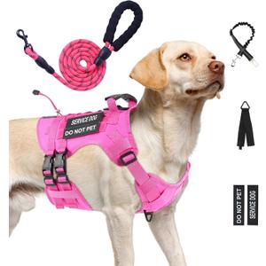 No Pull Tactical Dog Harness for Large Dogs, Escape Proof Molle Dog Vest Harness and Leash Set, Adjustable Military Service Dog Harness with Handle for Medium Large Dogs(Pink, L)