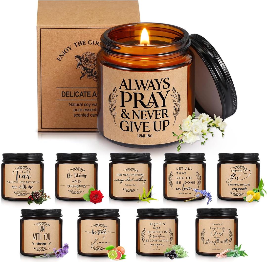 Lewtemi 10 Jars Mother's Day Christian Gifts Candle Bulk Catholic Prayer Scented Candle 3.5 oz Faith Bible Verse Religious Gifts for Church Women Men Sunday School Teacher(Brown,Classic)