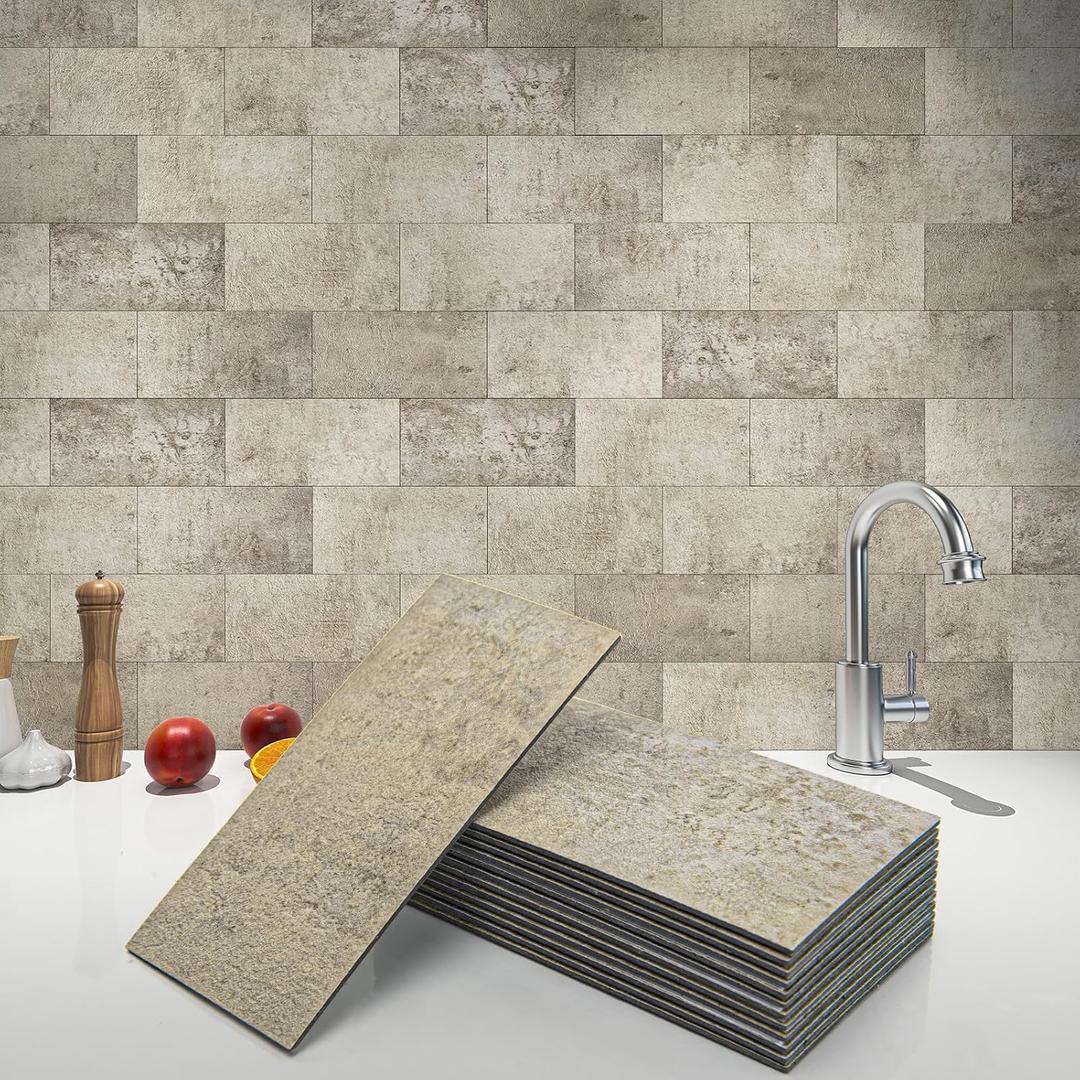 Art3d 102-Piece Peel and Stick Wall Tile for Kitchen Backsplash, Bathroom, Fireplace, 3in. 6in. Stick on Subway Tile Stone Beige