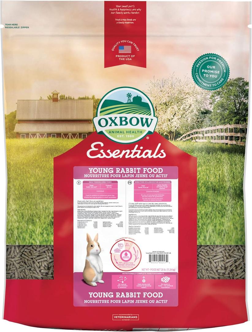 Oxbow Essentials Rabbit Food, Young, Made Alfalfa for Rabbit, Pet Pellets with Vitamins & Minerals, Small Animal Pet Products, Bunny Food, Made in USA, High Fiber, 25 lb. Bulk Bag (25 Pound (Pack of 1))