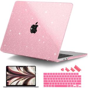 DONGKE Compatible with MacBook Air 13 inch Case M5 M4 M3 M2 2026 2025 2024-2022 A3449 A3240 A3113 A2681, Glitter Bling Plastic Hard Shell & Keyboard Cover for MacBook Air 13.6 inch, Sparkly Pink