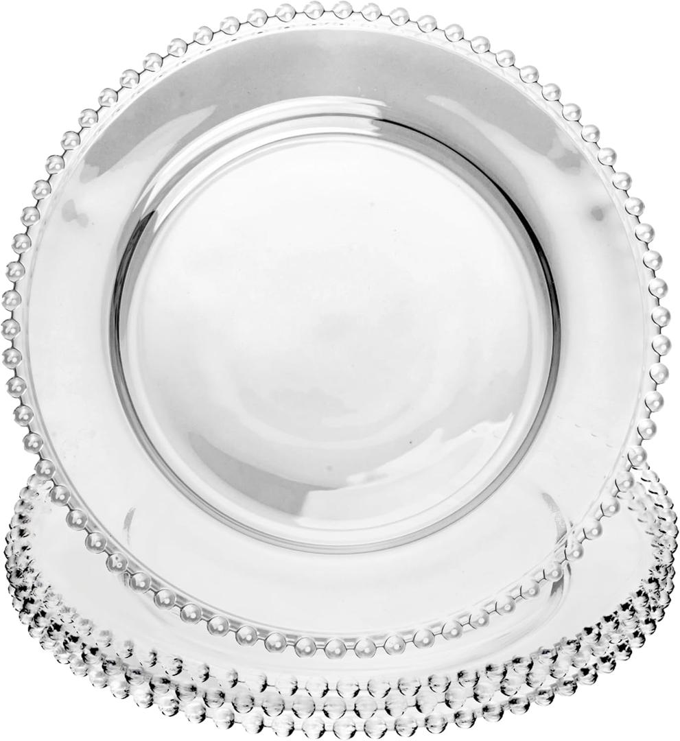 WOLFF - Set of 4 Pearl Beaded Crystal Dinner Plates - Clear Glass Plates, Dinner Accessories, Crystal Kitchen Utensils Set - Luxury Glasswear, Dish Set - Clear, 11 inches
