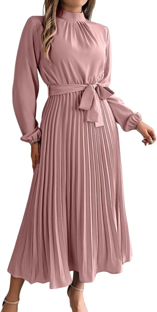 ChiaoLezhee Pleated Maxi Dress, Mock Neck A Line, Fall Holiday, Long Sleeve Modest Business Casual Flowy Dresses for Women (6-8, Light Pink)