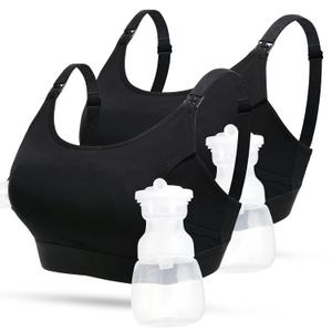 Hands Free Pumping Bra for Women 2 Pack, Lupantte Supportive Comfortable Breast Pump Bra with Pads, All Day Wear Pumping and Nursing Bra in One Breast Pump for Medela, Spectra, Momcozy, etc. (X-Large) (Black+black)