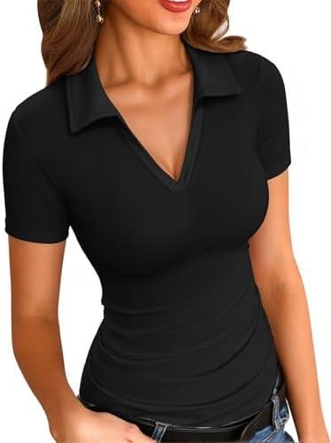 VICHYIE Womens Short Sleeve Shirts Lapel Collared V Neck Slim Fitted Ribbed Knit Tight Polo Tops Size XL