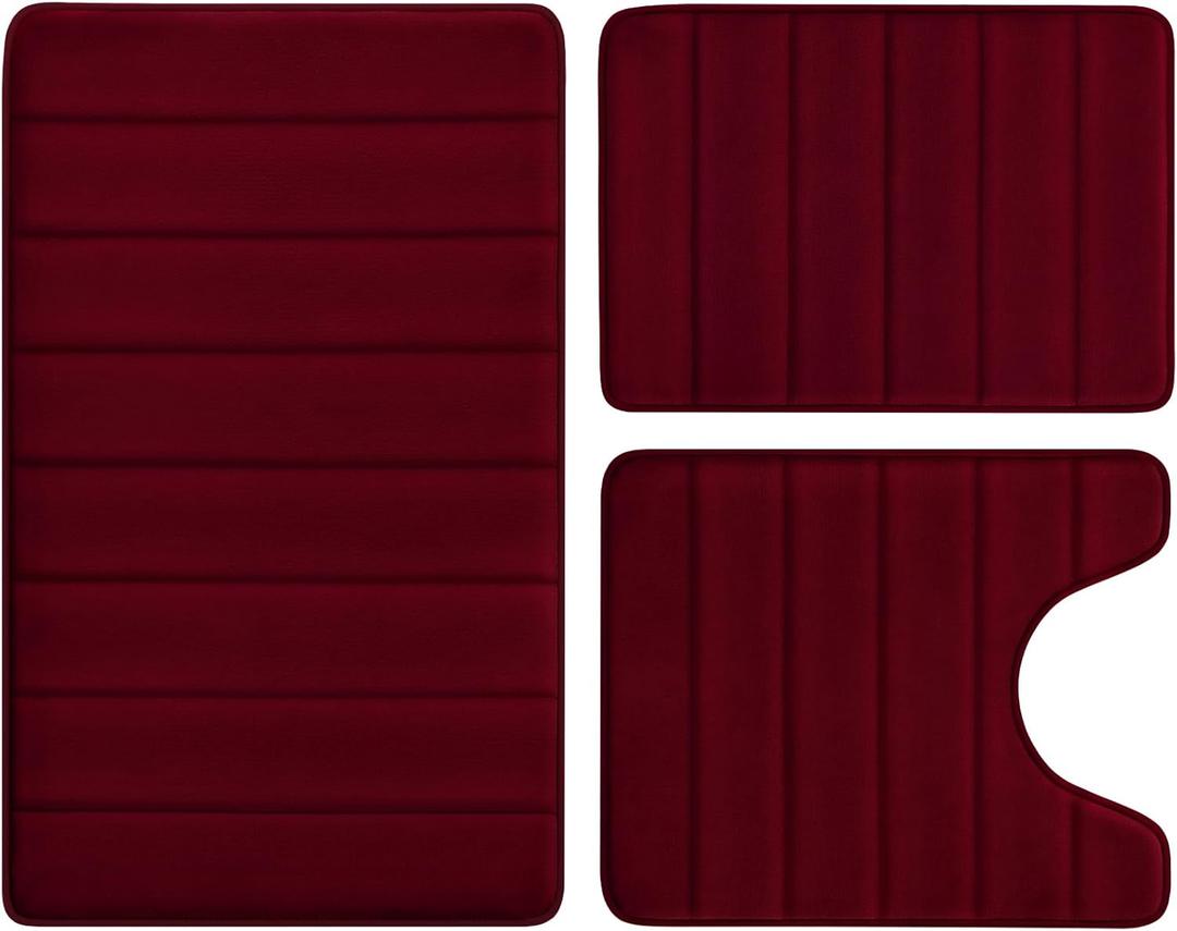 BYSURE Burgundy Memory Foam Bathroom Rug Set 3 Piece, Non Slip Extra Soft Absorbent Machine Washable Toilet Bath Toilet Mat (17"x24"+20"x32"+U Shape 20"x24")