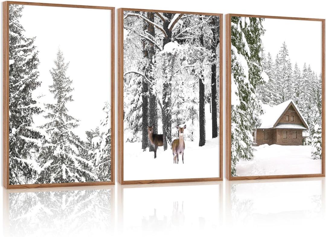 CHDITB Winter Wonderland Framed Canvas Wall Art Set Of 3, Nature Deer Wall Decor, Snowy Landscape Wall Painting, Farmhouse Winter Scene Cottage Art Prints for Living Room, Bedroom Decor (12X16 Inch)