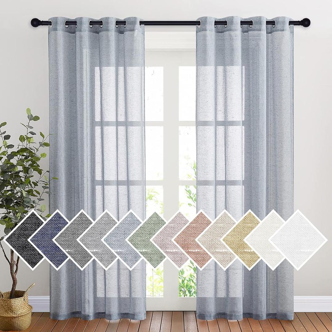 NICETOWN Linen Textured Semi Sheer Curtains 84 inches Length, Eyelet Top Bedroom Window Privacy Translucent Light Filtering Flax Sheer Drapes for Guest Room, 52 inches Wide, 2 Panels, Sea Mist