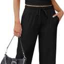 WIHOLL Lounge Sets for Women 2 Piece Vacation Outfits Short Sleeve Tops with Side Ruched Wide Leg Pants Matching Sets (Medium, Black)