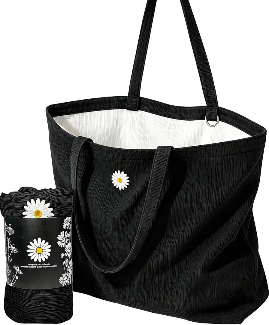 CYD Summer Beach Bag for Women, Lightweight Soft Tote with Shoulder Strap, Foldable Packable Pool Carryall with Dual Pockets