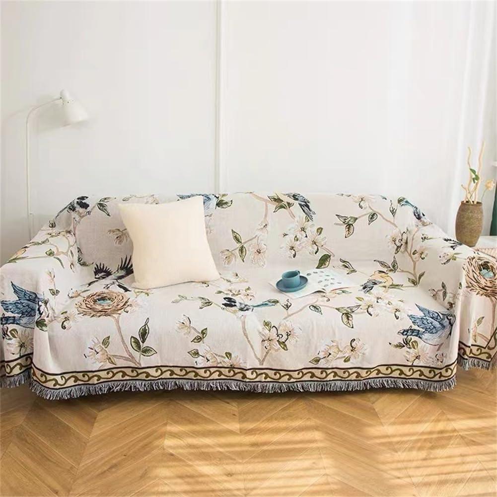 VClife Boho Couch Cover Cotton Linen Beige Sofa Cover Vintage Floral Birds Couch Cover for 2 Cushion Couch Sofa Dog Pet Friendly Non-Slip Loveseat Cover Futon Cover Sofa Cover with Tassel 71"x 118"