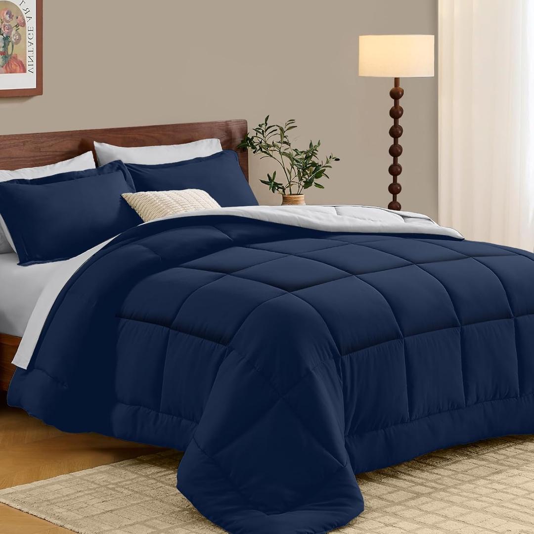 FUANNA Queen Comforter Set 7 Pieces, Reversible Bed in a Bag with All Season Soft Comforter, Bedding Sets Includes Comforter, Flat Sheet, Fitted Sheet, Pillowcases & Shams, Navy Blue & Light Grey (Queen(88"x 88"))