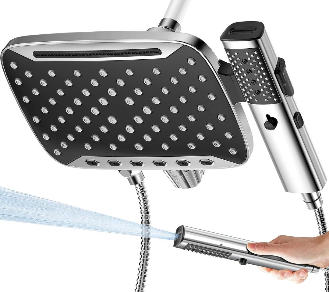 JDO High Pressure Rain Shower Head with Handheld Spray, 7 Modes Dual Shower Head Combo, 12 Inch Rainfall Showerhead Detachable, Power Wash for Bathroom Cleaning (Chrome)