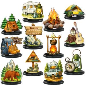 Wesiti 12 Pcs Camping Party Table Decorations Wooden Camper Centerpieces Camping Adventure Sign with Bases Table Topper Decor for Adults Tiered Tray Decor Party Favor