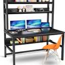 Aquzee Computer Desk with Hutch and Bookshelves, Large Leg Room 55 inch Width Black Desk with Space Saving Storage Shelves, Easy Assemble and All Hardware and Tools Included