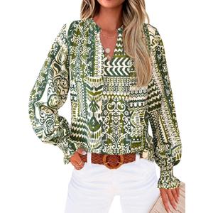 MASCOMODA Womens V Neck Floral Long Sleeve Tops 2025 Summer Casual Loose Puff Sleeve Chiffon Boho Work Blouse Dressy T Shirts (Small, Floral Grass Green)