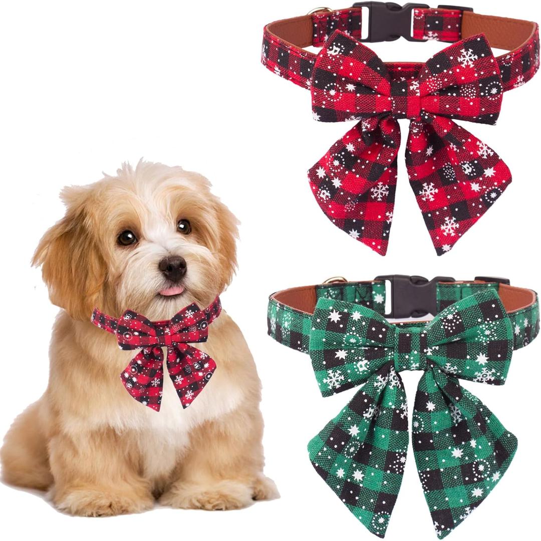 ADOGGYGO 2 Pack Christmas Dog Collar with Bow Tie, Classic Plaid Red Green Dog Collars with Removable Bowtie Christmas Collars for Small Dogs Pets (Small)