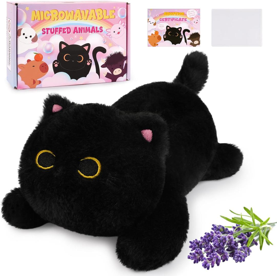 Microwavable Stuffed Animals, Weighted Black Cat Plush Heating Pad for Period Cramps, Heatable and Coolable Lavender, Kawaii Plush Toys for Women Girls Kids,10 Inch