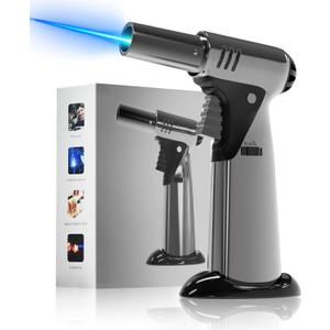 Butane Torch, Butane Refillable Kitchen Cooking Torch, Torch Lighter with Safety Lock And Adjustable Flame For BBQ, Baking, Brulee Creme, Crafts and Soldering(Butane Gas Not Included) (Silver)