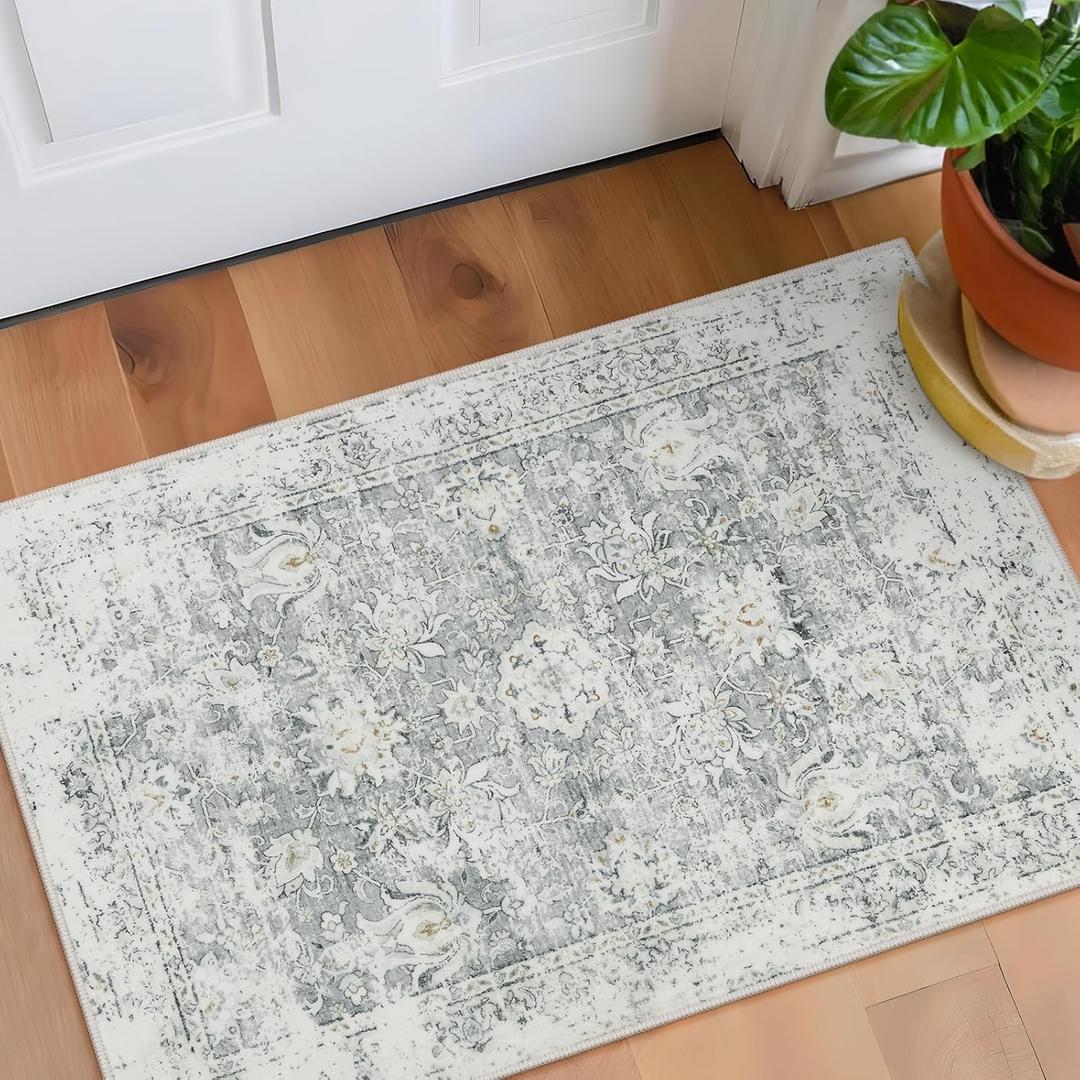 Lahome Vintage Floral Entryway Rug, 2x3 Kitchen Rugs Non-Slip Washable Indoor Door Mat Entrance,Ultra-Thin Soft Front Door Mat for Bathroom Small Throw Carpet for Bedroom(2x3ft,Grey)