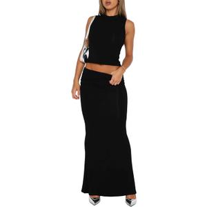 Skirt Sets Women 2 Piece Outfits - Sexy Two Pc Sleeveless Tank Crop Top Fold Over Maxi Long Skirts (Medium, Black) Skirt Sets Women 2 Piece Outfits - Sexy Two Pc Sleeveless Tank Crop Top Fold Over Maxi Long Skirts (Medium, Black)
