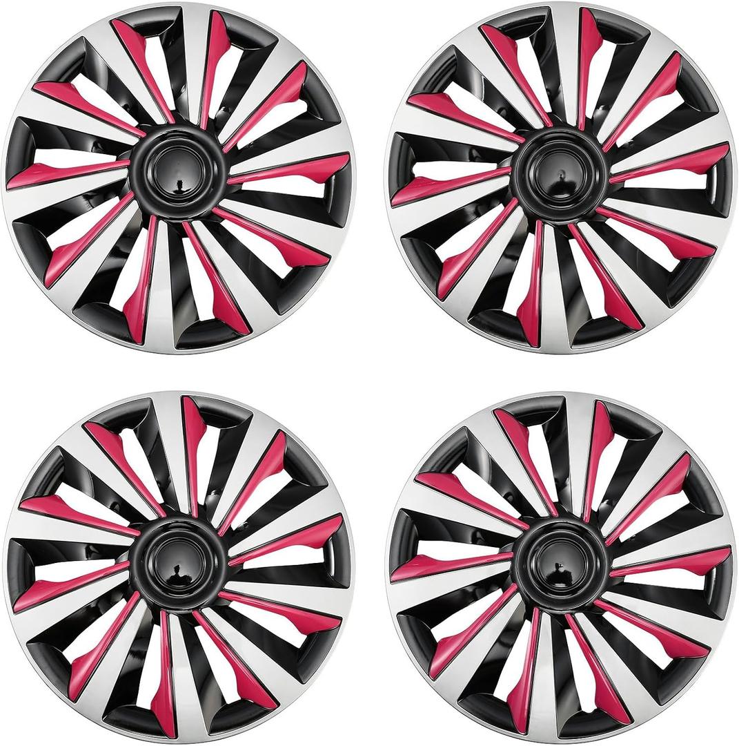 Silver with Pink Hubcap Wheel Cover Replacement Kit 16" Hub Caps Wheel Rim Cover Car Exterior Accessories Pack of 4, 16 Inches