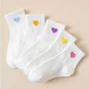 Verdusa Boy's 5 Pairs Cute Heart Graphic Crew Socks Soft Breathable Ankle Socks Set (White)