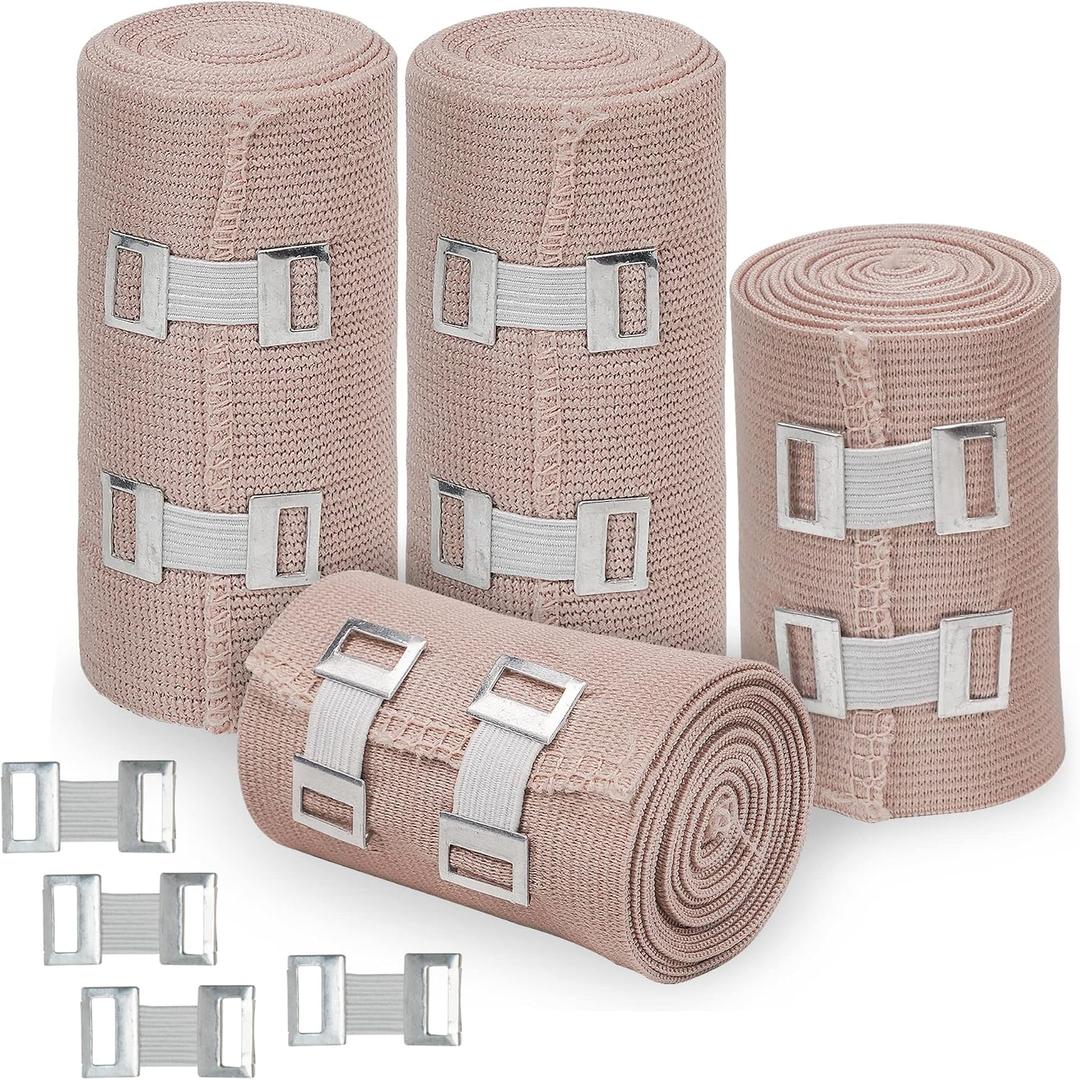 3 x D&H Medical Elastic Bandage Wrap – 4 Pack Premium Compression Bandage Rolls + 4 Extra Clips | 2 Rolls of Each Size (4 Inch x 5 Feet & 3 Inch x 5 Feet), Elastic Bandage for Wrist, Calf, Ankle & Foot