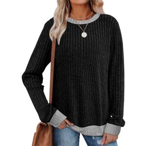 Sampeel Womens Tops Long Sleeve Shirts Lightweight Sweaters Loose Fit Crewneck Color Block Fall Fashion Outfits (X-Large, Black)