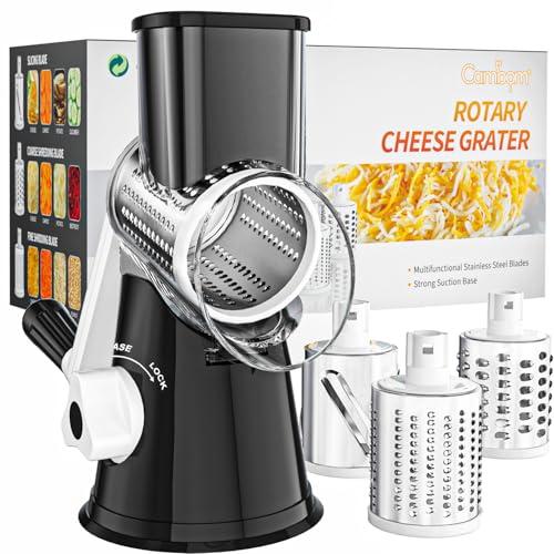 Cambom Rotary Cheese Grater Hand Crank Cheese Shredder for Fresh Cheese, Vegetable, Nuts,Non-slip Suction Base, Three Blades, Black