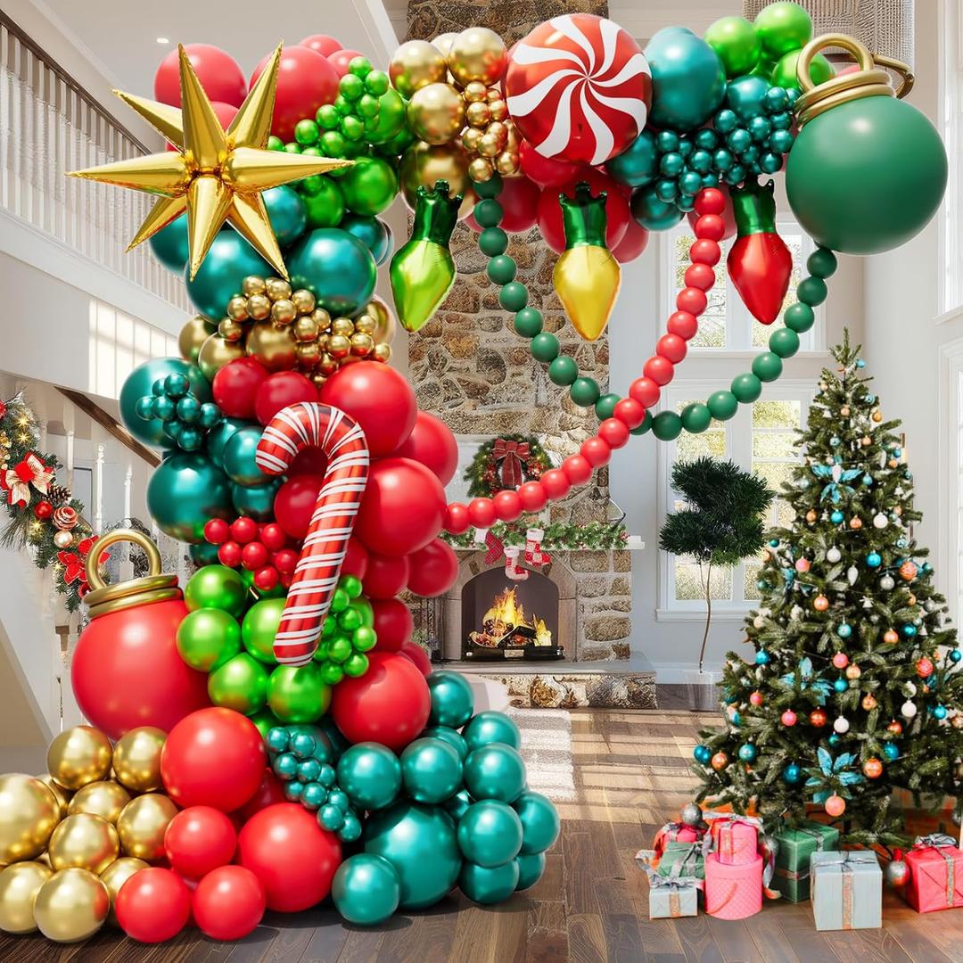 Christmas Balloon Arch Kit, Red Gold Green Balloons, Garland Arch with Bulb Balloon, Candy Cane Foil Balloon, Xmas Red Gold Green Balloons Christmas Balloon Garland Arch Kit
