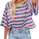 Dokotoo Tops for Women Striped 2025 Fashion T Shirts for Women Color Block Crewneck Design Loose Basic Tee (X-Large)