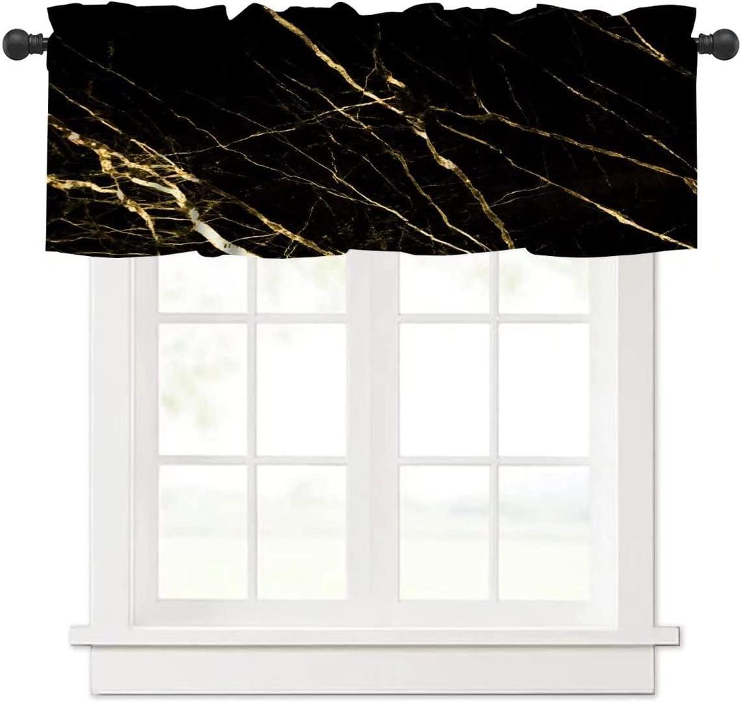 Marble Kitchen Valances Window Curtain,Abstract Gold and Black Marble Pattern Curtain Valances for Bedroom Bathroom Living Room Cafe,52x18 inch
