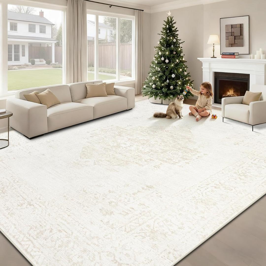 9x12 Area Rugs for Living Room: Washable Vintage Large Retro Rug Soft Non-Slip Indoor Low Pile Carpet for Bedroom Dining Room Office (Beige, 9' x 12')