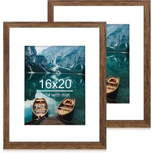 16x20 Frames Set of 2, Rustic Brown Wood Style - Display 16 x 20 Picture without Mat or 11x14 Picture with Mat, Wall Mounting Horizontal and Vertical