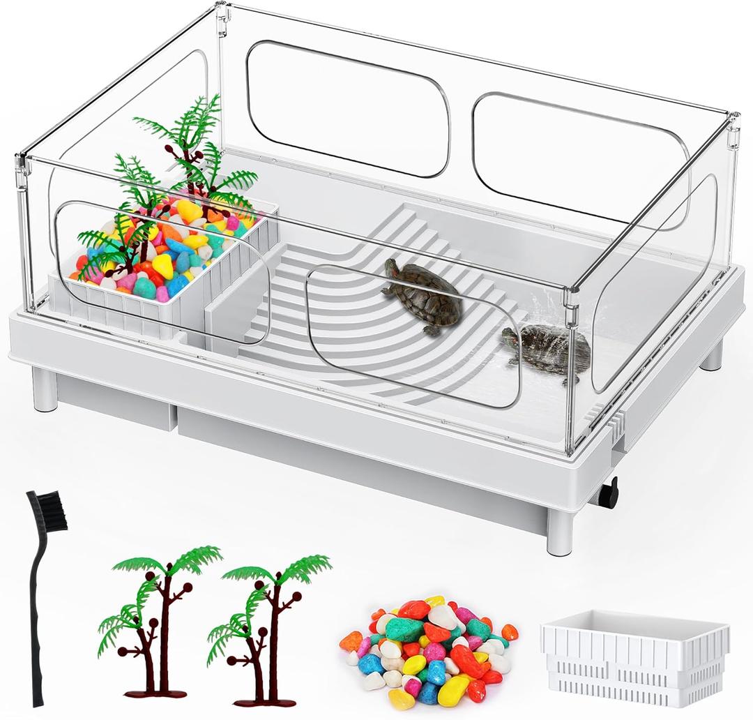 Geegoods Turtle Tank - Starter Aquarium with Basking Platform, Colored Rocks, Brush, Plant for Turtles, Crayfish, Crab and Lizard (White)