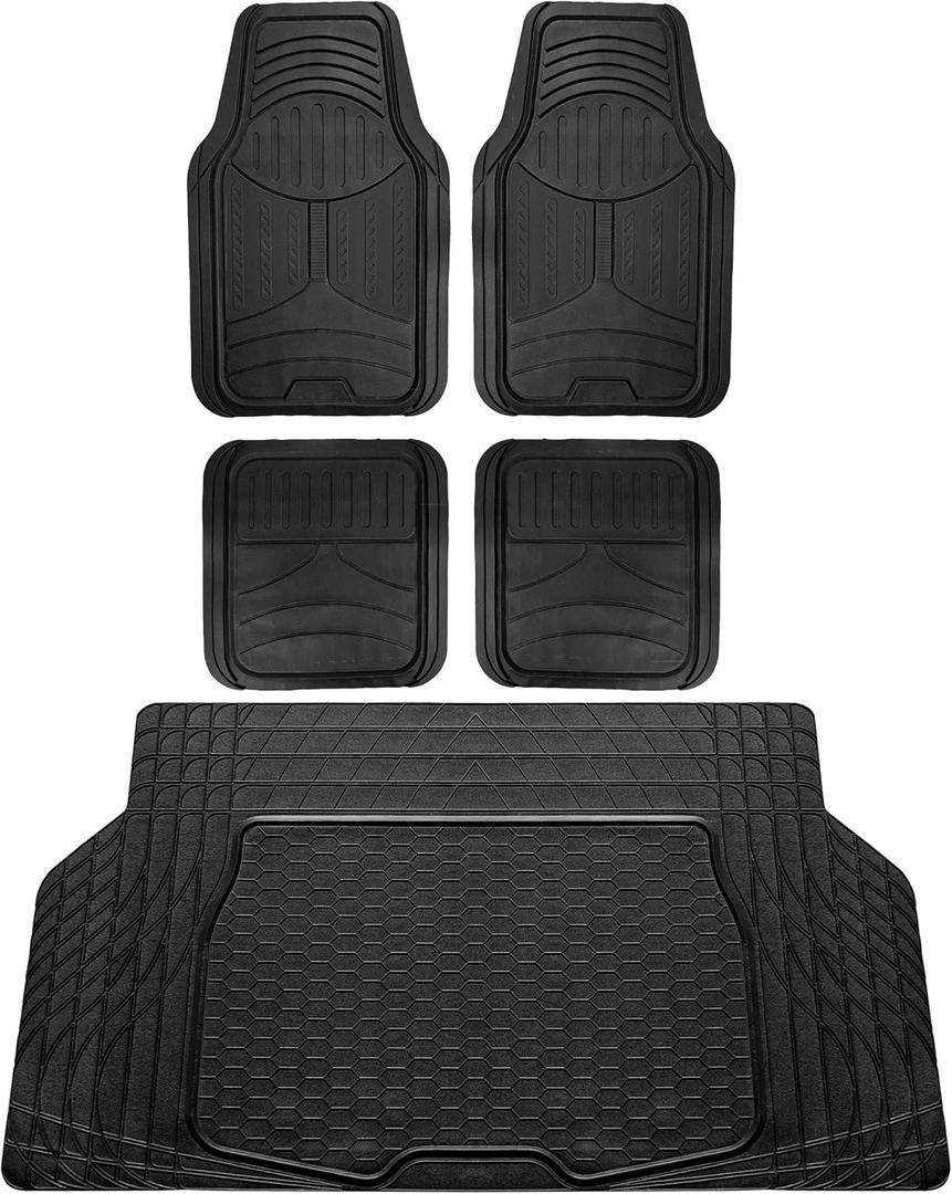 FH Group Monster Eye Full Set Rubber Floor Mats w. Trimmable Vinyl Trunk Liner/Cargo Mat Black- Fit Most Car, Truck, SUV, or Van (Black) F11313- F16403 (Universal)