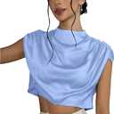 OYOANGLE Women's Mock Neck Elegant Top Satin Blouse Ruched Cap Sleeve Silk Tops Dressy Business Casual Work Shirts (Blue, XL)