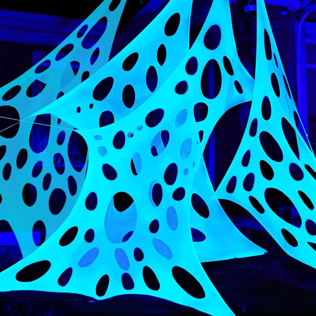JOYIN 1000sqft Halloween Spider Web Decoration Outdoor, Glow-in-The-Dark Giant Spiderweb, DIY Stretchy Flexible Beef Netting in White (Blue at Night) for Neon Decor Indoor Party Haunted House Prop (White (Blue Under Black Light))