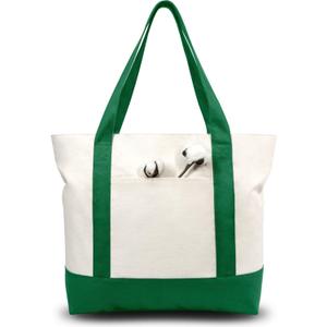 TOPDesign 6-Pack Canvas Tote Bags with an External Pocket, Reusable Grocery Shopping Bags, Top Zipper Closure, Daily Essentials (Green/Natural), 21" x 15" x 6"