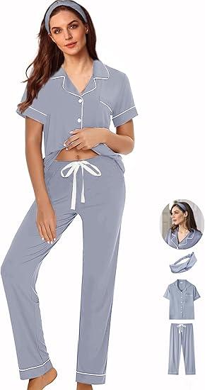WJing Yi Jia 3Pcs Soft Pajama Sets For Women  Womens Pajamas Set Sleepwear Button Down Short Sleeve Long Pants Pj sets, M 