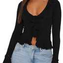 Women Going Out Tops Ruffle Trim Button Front V Neck Flared Sleeve Shirt Y2k Crop Top (Small)