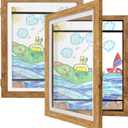 Kids Art Frames 9x12 Set of 2 - Front Opening Childrens Picture Frame Changeable, Wood Artwork Display Storage for Wall Mount, Magnetic Door Holds 50 Art Pieces for Drawings, 3D Picture, Crafts, Portfolio, Brown